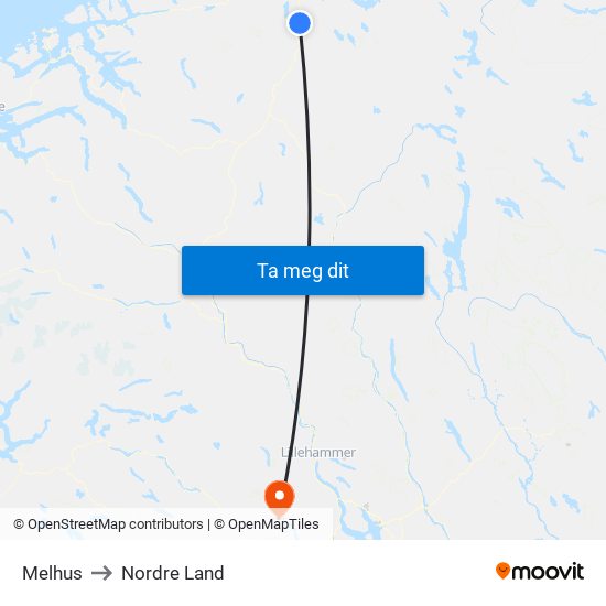 Melhus to Nordre Land map