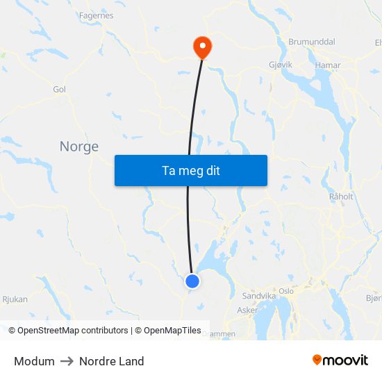 Modum to Nordre Land map
