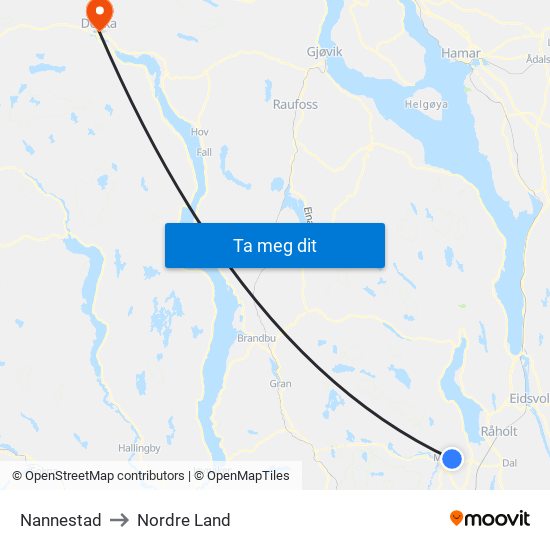 Nannestad to Nordre Land map