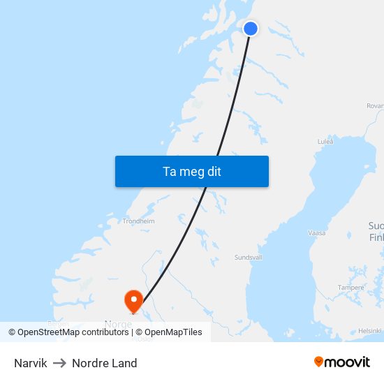 Narvik to Nordre Land map