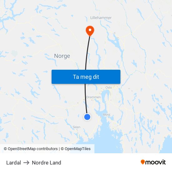 Lardal to Nordre Land map