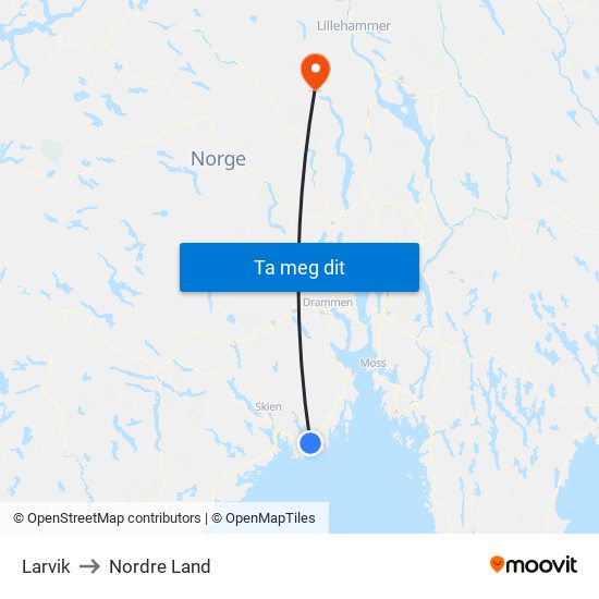 Larvik to Nordre Land map