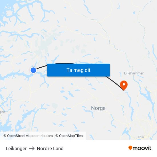 Leikanger to Nordre Land map