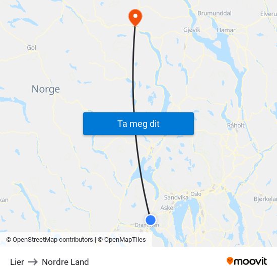 Lier to Nordre Land map