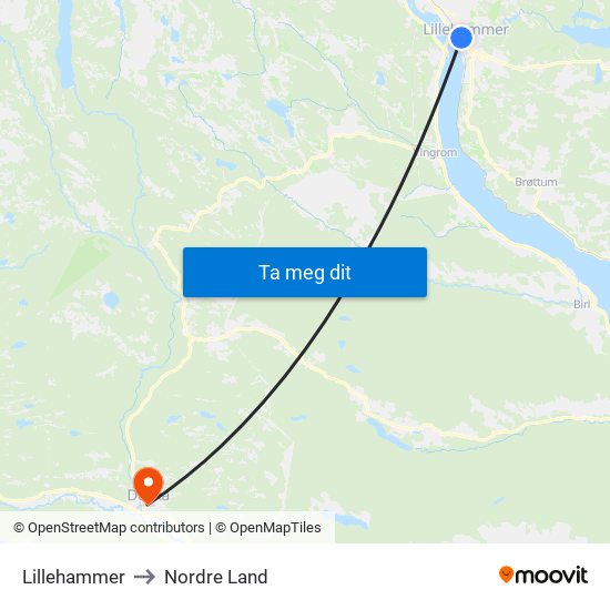 Lillehammer to Nordre Land map