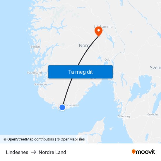 Lindesnes to Nordre Land map