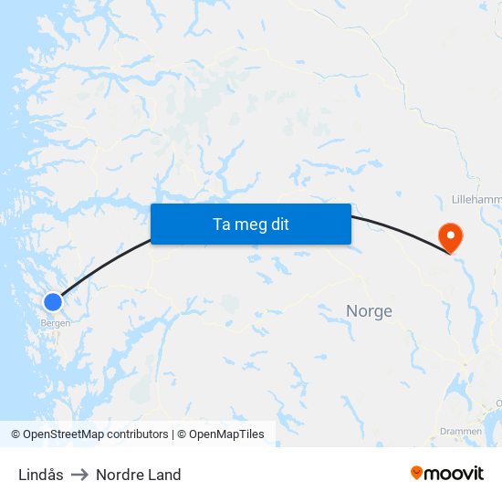 Lindås to Nordre Land map