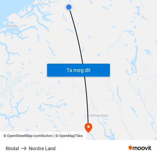Rindal to Nordre Land map