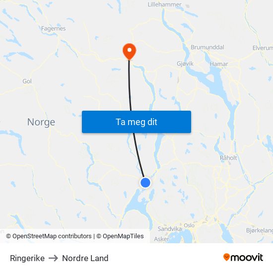 Ringerike to Nordre Land map