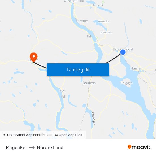 Ringsaker to Nordre Land map