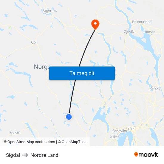 Sigdal to Nordre Land map