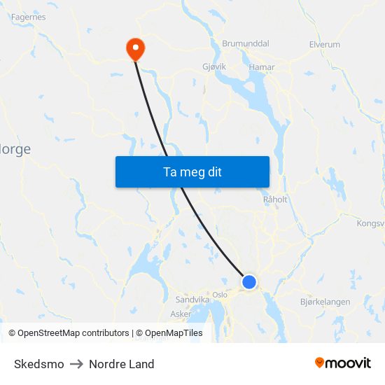 Skedsmo to Nordre Land map