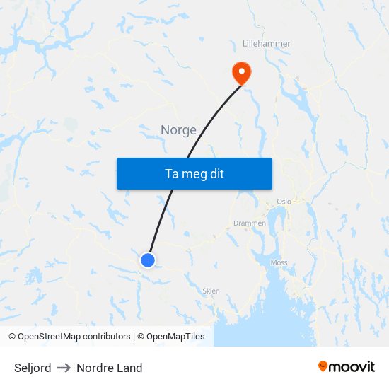 Seljord to Nordre Land map