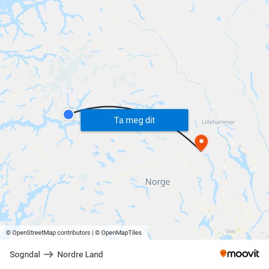 Sogndal to Nordre Land map