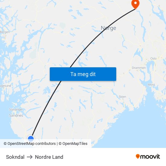Sokndal to Nordre Land map