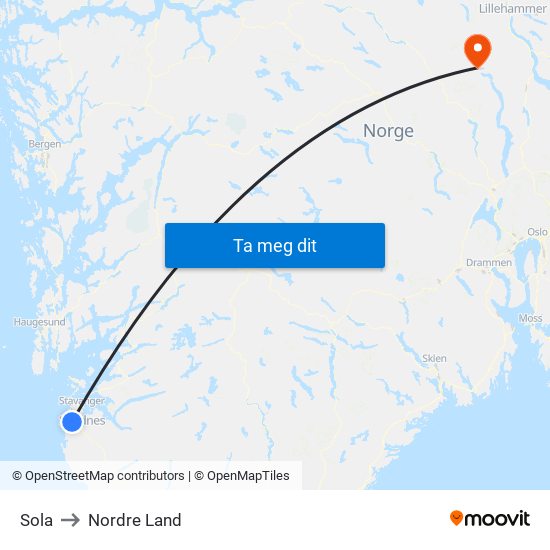 Sola to Nordre Land map