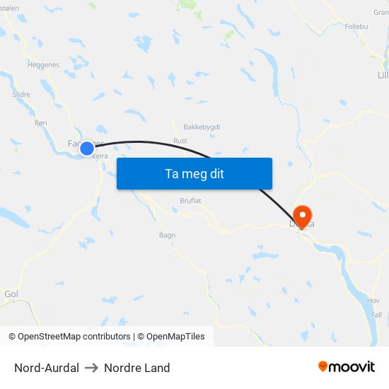 Nord-Aurdal to Nordre Land map