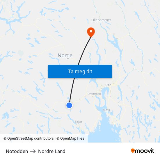 Notodden to Nordre Land map