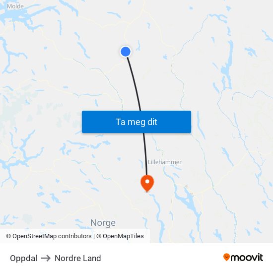 Oppdal to Nordre Land map