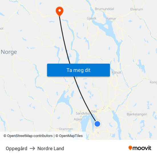Oppegård to Nordre Land map