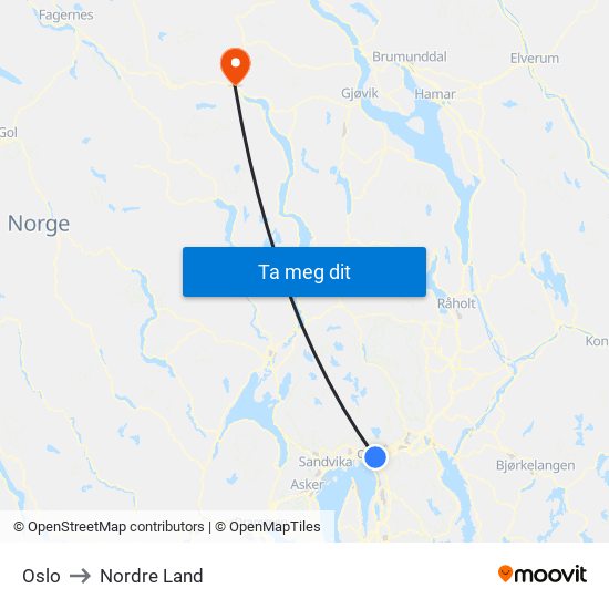 Oslo to Nordre Land map