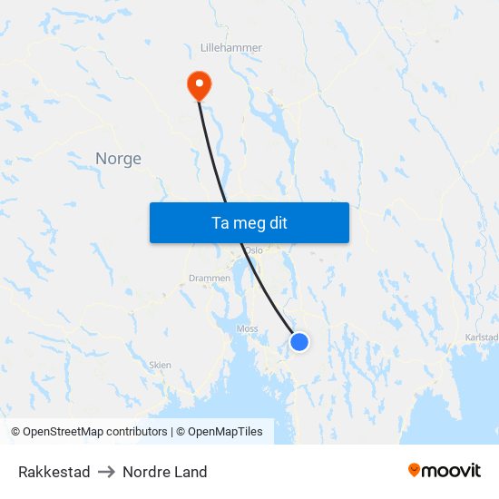 Rakkestad to Nordre Land map