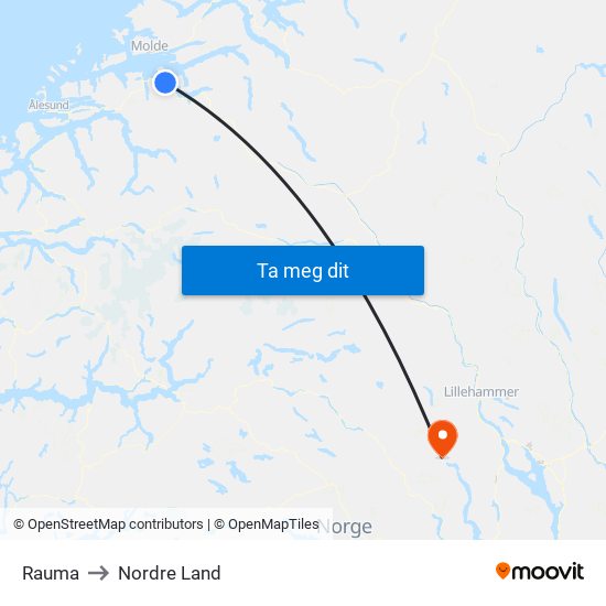 Rauma to Nordre Land map