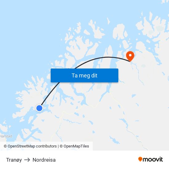 Tranøy to Nordreisa map