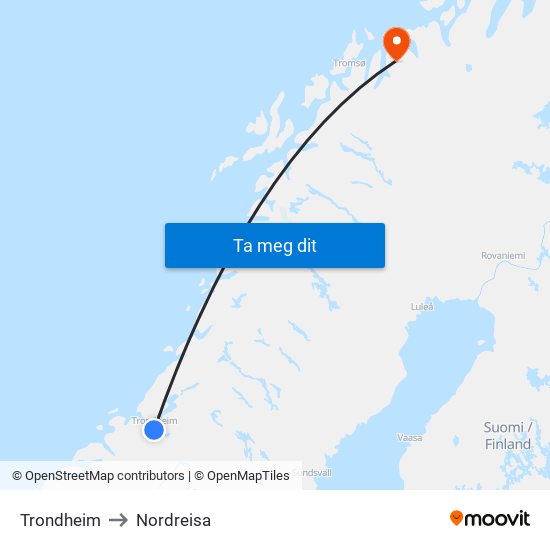 Trondheim to Nordreisa map