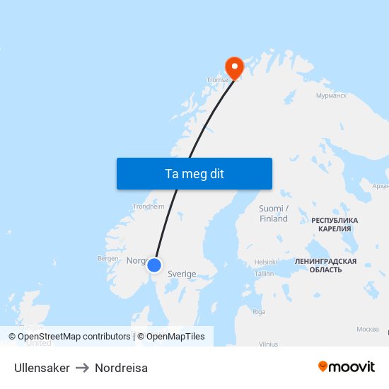 Ullensaker to Nordreisa map