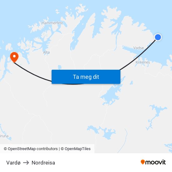 Vardø to Nordreisa map