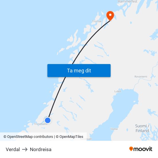 Verdal to Nordreisa map