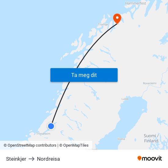 Steinkjer to Nordreisa map