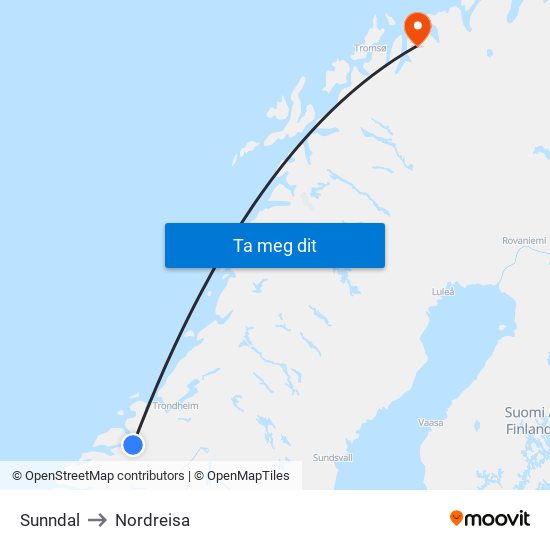 Sunndal to Nordreisa map