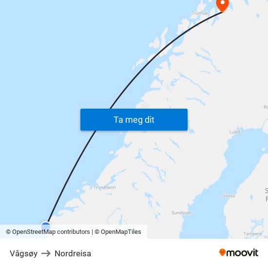 Vågsøy to Nordreisa map