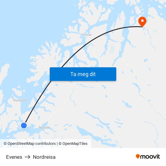 Evenes to Nordreisa map