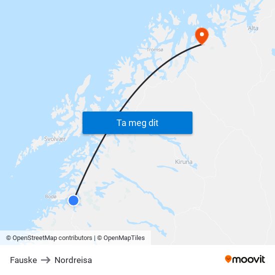 Fauske to Nordreisa map