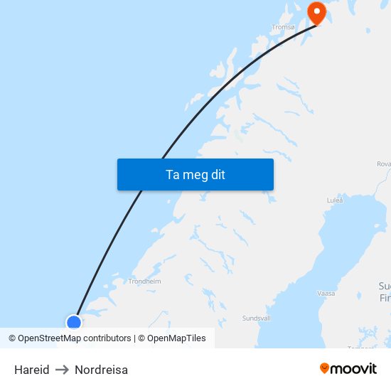 Hareid to Nordreisa map