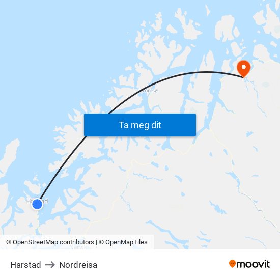 Harstad to Nordreisa map