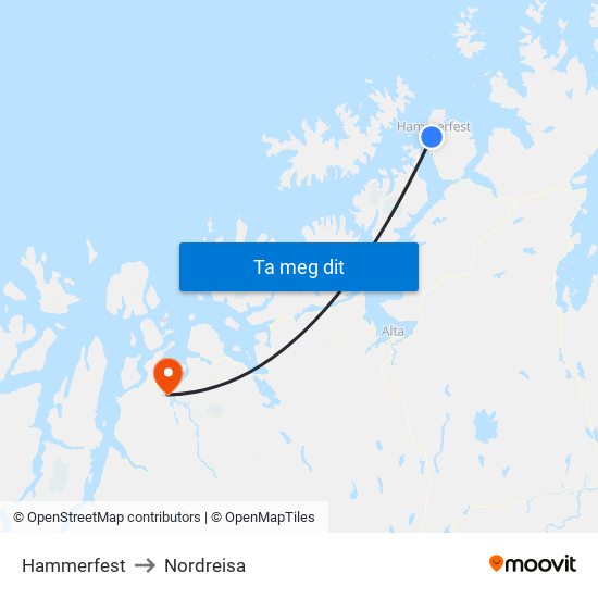 Hammerfest to Nordreisa map