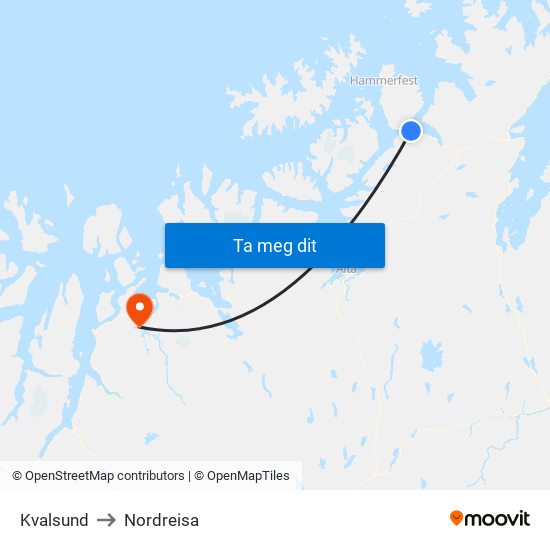 Kvalsund to Nordreisa map