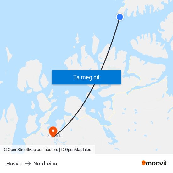 Hasvik to Nordreisa map