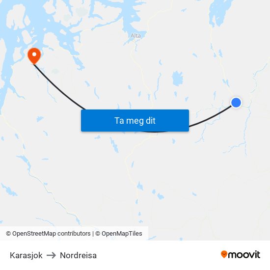 Karasjok to Nordreisa map