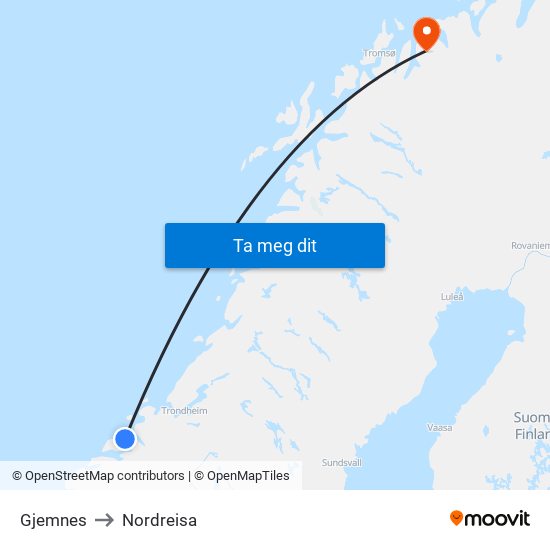 Gjemnes to Nordreisa map