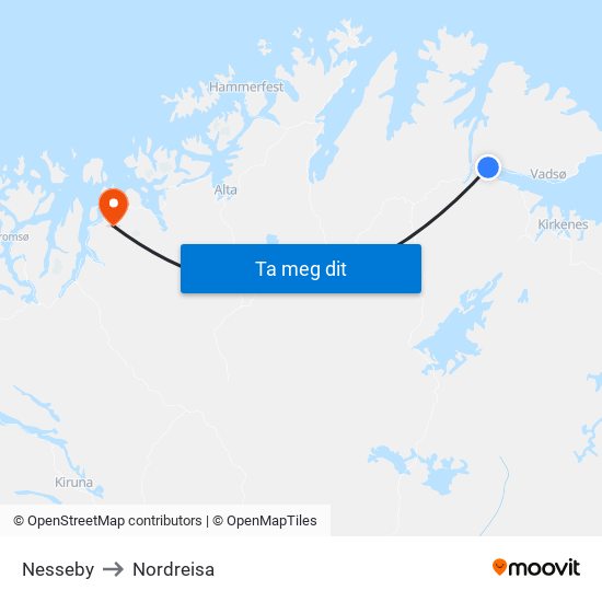 Nesseby to Nordreisa map