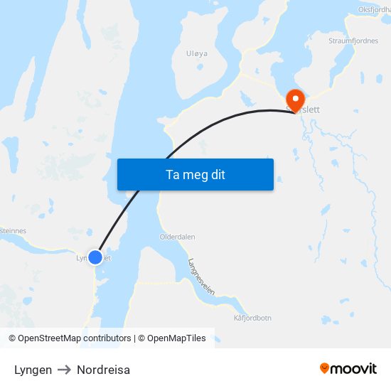 Lyngen to Nordreisa map