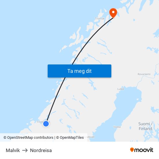 Malvik to Nordreisa map