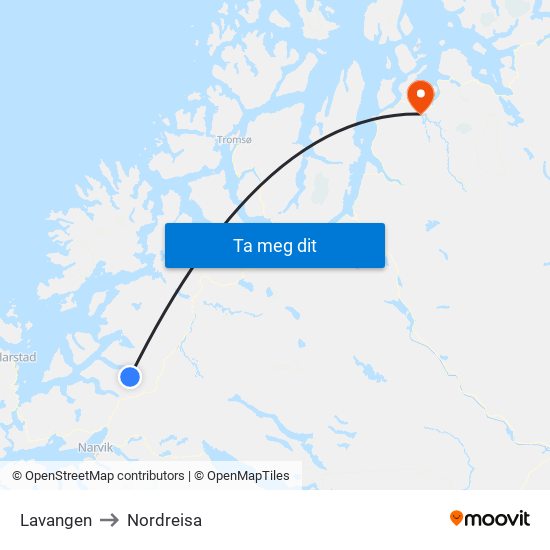 Lavangen to Nordreisa map
