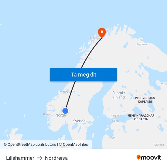 Lillehammer to Nordreisa map