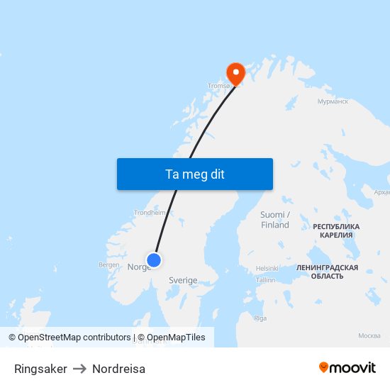 Ringsaker to Nordreisa map
